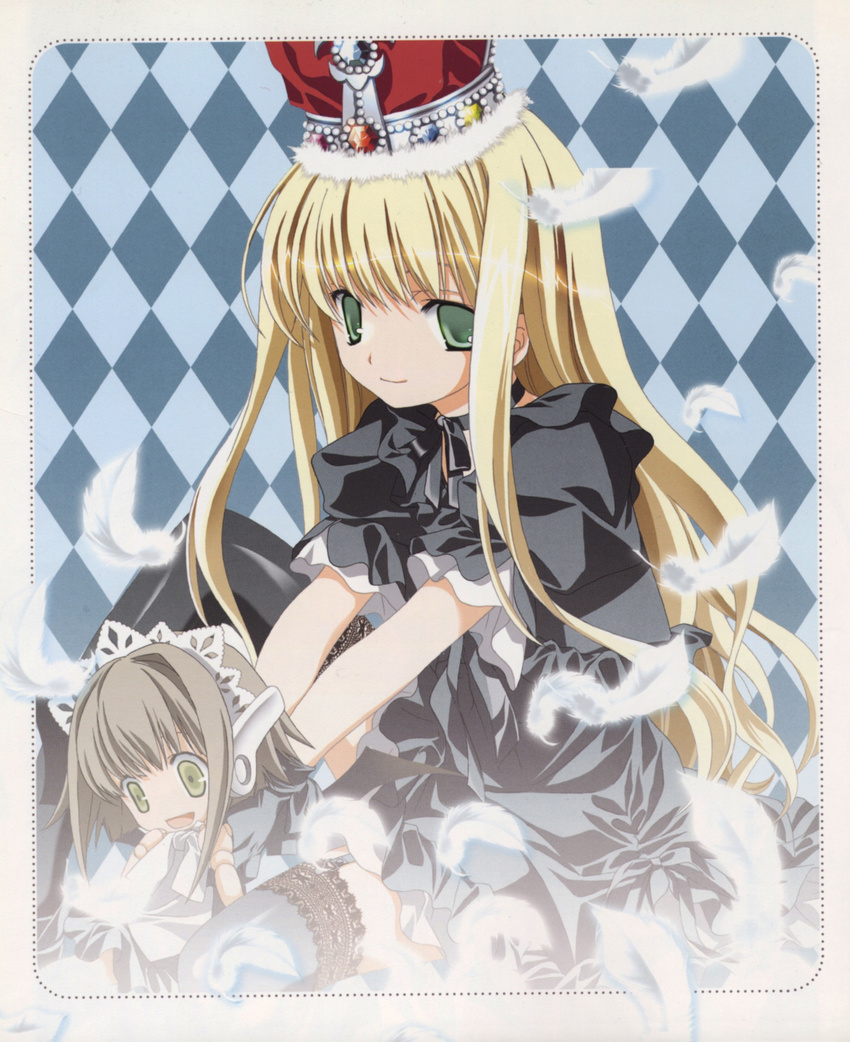 absurdres blonde_hair chachazero crown doll doll_joints evangeline_a_k_mcdowell feathers garter_straps gothic_lolita green_eyes highres lolita_fashion mahou_sensei_negima! maid_headdress miyashita_miki multiple_girls robot_ears scan thighhighs