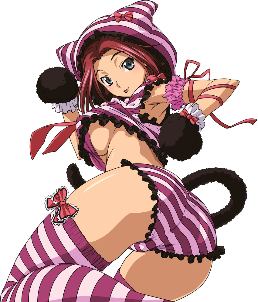 absurdres armpits ass blue_eyes bow breasts cat_tail code_geass frilled_panties frills from_behind gloves hat hat_with_ears highres kallen_stadtfeld looking_back medium_breasts panties paw_gloves paw_pose paws red_hair ribbon shirt short_hair solo striped striped_legwear striped_panties striped_shirt tabata_hisayuki tail thighhighs tongue tongue_out transparent_background underboob underwear vector_trace