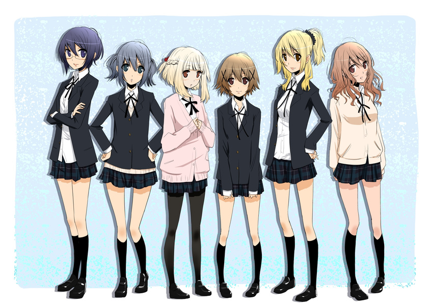 alternate_costume alternate_hairstyle blazer blonde_hair blue_eyes blue_hair brown_eyes brown_hair cardigan glasses green_eyes hair_bobbles hair_down hair_ornament half_updo hidamari_sketch highres hiro jacket kneehighs loafers long_hair miyako multiple_girls nazuna nori open_clothes open_jacket pantyhose plaid plaid_skirt ponytail sae sakebuotoko school_uniform scrunchie shoes skirt twintails yuno