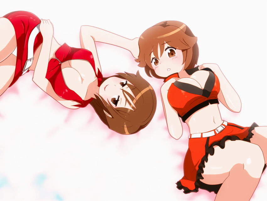 breasts brown_eyes brown_hair cleavage from_above large_breasts lying meiko midriff multiple_girls naughty_face navel sakine_meiko short_hair skirt smile tadahama time_paradox vocaloid