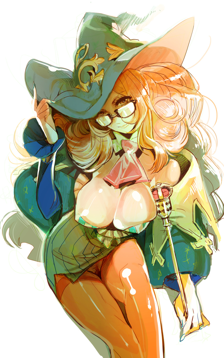 absurdres character_request glasses grand_knights_history highres muse_cromwell pantyhose pubic_hair pussy smile staff