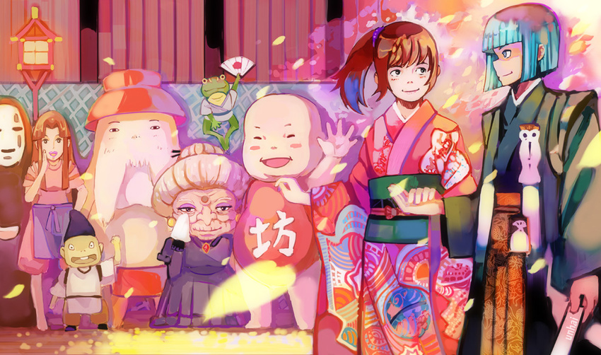 3girls aogaeru_(sen_to_chihiro_no_kamikakushi) blue_eyes blue_hair blush blush_stickers bou_(sen_to_chihiro_no_kamikakushi) colorful couple dress extra fan hakama haku_(sen_to_chihiro_no_kamikakushi) hetero holding_hands japanese_clothes kaonashi kimono lamp lipstick makeup mother_and_son multiple_girls ogino_chihiro oshira-sama petals ponytail rin_(sen_to_chihiro_no_kamikakushi) sen_to_chihiro_no_kamikakushi smile unhai wedding yubaba