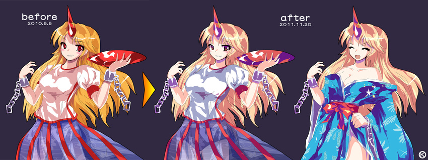 ^_^ alphes_(style) alternate_costume breasts chain cleavage closed_eyes comparison cuffs cup grin highres horn hoshiguma_yuugi hoshiguma_yuugi_(promo) japanese_clothes kaoru_(gensou_yuugen-an) kimono large_breasts obi off_shoulder open_mouth parody red_eyes sakazuki sash see-through shackles shirt smile star style_parody touhou