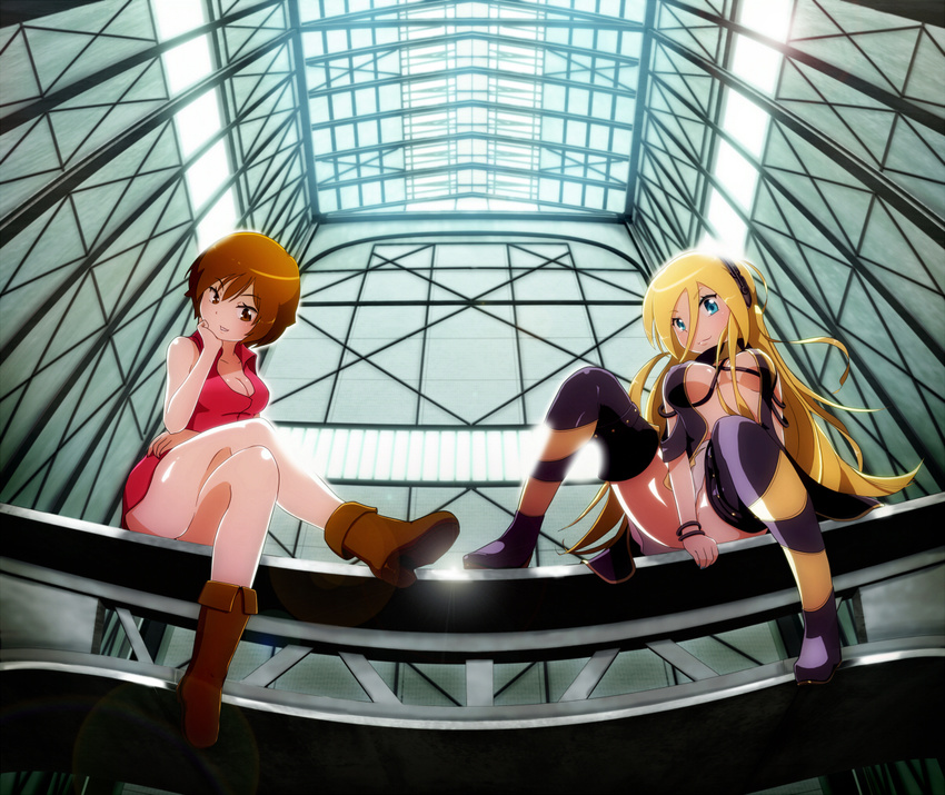 blonde_hair blue_eyes boots breasts brown_eyes brown_hair crossed_legs from_below headphones lens_flare lily_(vocaloid) long_hair medium_breasts meiko multiple_girls short_hair sitting skirt smile tadahama thigh_boots thighhighs vocaloid