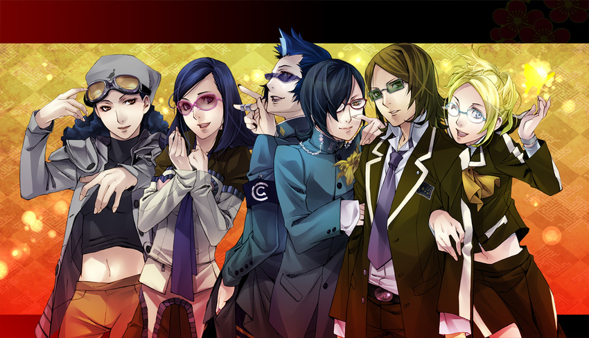 3girls amano_maya bandana black_hair blonde_hair blue_hair brown_eyes brown_hair curly_hair glasses goggles hair_over_one_eye kasugayama_high_school_uniform kurosu_jun lipstick lisa_silverman makeup mayuzumi_yukino mishina_eikichi multiple_boys multiple_girls necktie one_eye_closed persona persona_2 school_uniform suou_tatsuya white-light