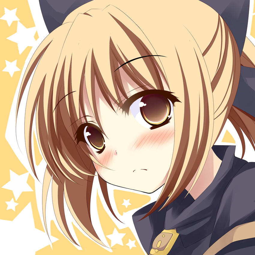 blonde_hair blush brown_eyes close-up face frown highres kurodani_yamame kusano_(torisukerabasu) looking_at_viewer md5_mismatch short_hair simple_background solo touhou