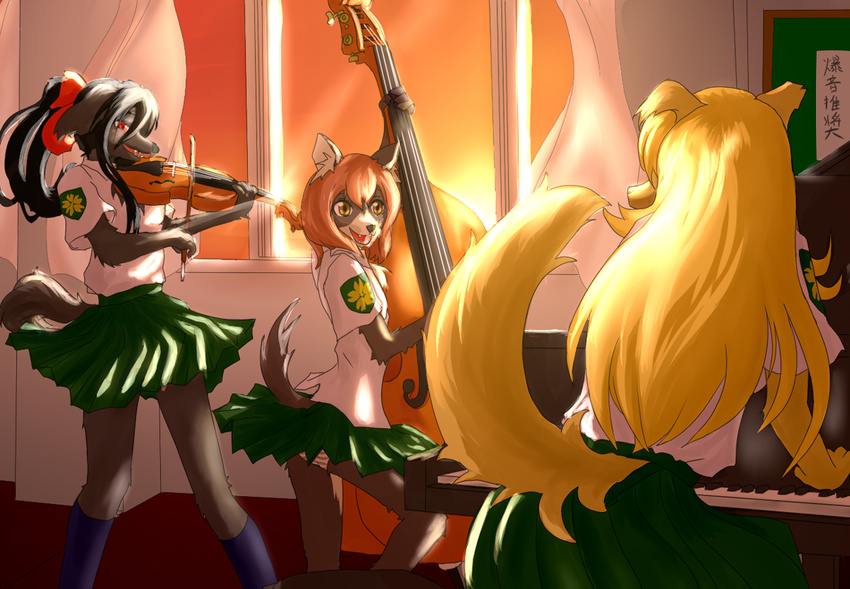 blonde_hair blush canine contrabass dog female hair hair_bow indoors inside japanese_text long_hair mammal musical_instrument panties piano ponytail raised_tail red_eyes red_hair school_uniform skirt smile standing sunset tail text underwear unknown_artist violin window yellow_eyes