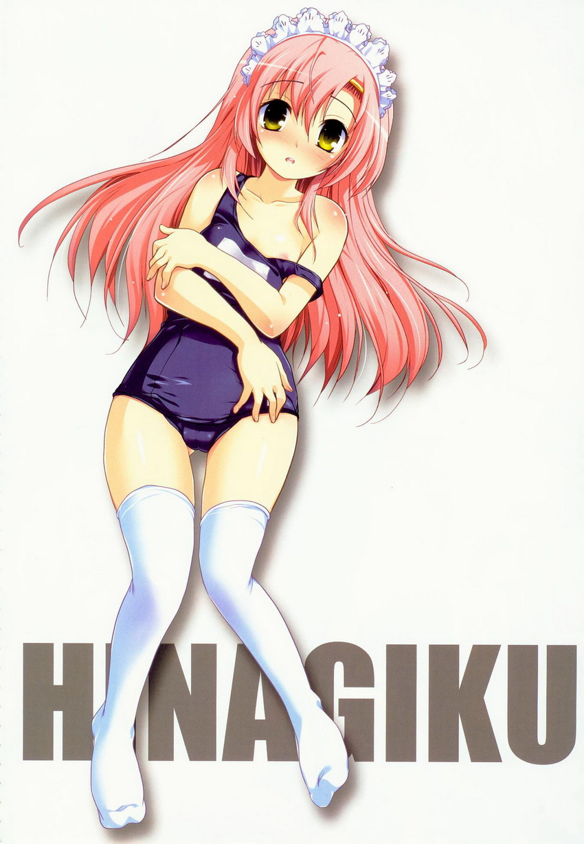 blush hayate_no_gotoku! highres katsura_hinagiku long_hair maid_headdress nk_hair one-piece_swimsuit pink_hair school_swimsuit solo swimsuit thighhighs watsuki_ayamo watsukiya yellow_eyes