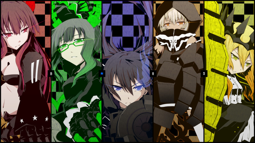 bespectacled bikini_top black_gold_saw black_hair black_rock_shooter black_rock_shooter_(character) blonde_hair blue_eyes chariot_(black_rock_shooter) dead_master glasses glowing glowing_eyes green_eyes green_hair horns koumei_(harmonizer) long_hair multiple_girls parted_lips red_eyes red_hair strength_(black_rock_shooter) twintails white_hair yellow_eyes