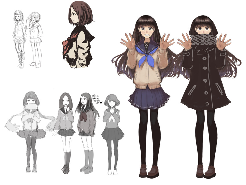 bad_id bad_pixiv_id brown_eyes brown_hair character_sheet copyright_request hands highres kansou_samehada multiple_girls pantyhose scarf skirt