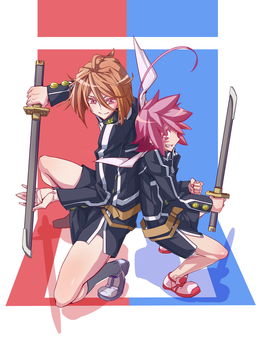 ahoge back-to-back brown_hair hayate_x_blade highres kurogane_hayate multiple_girls noisyu pink_eyes pink_hair purple_eyes scarf school_uniform shizuma_yuho short_hair sword weapon