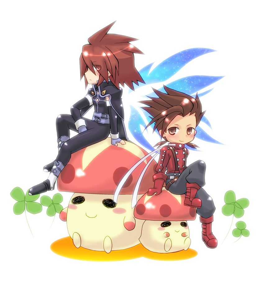 boots brown_eyes brown_hair cape chibi clover four-leaf_clover full_body gloves knee_boots kratos_aurion lloyd_irving male_focus matsumoto_hakuya multiple_boys mushroom pants red_hair red_shirt shirt sitting spiked_hair tales_of_(series) tales_of_symphonia