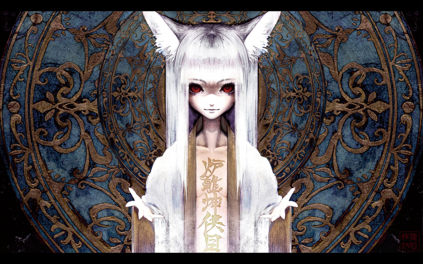 albino animal_ears banpai_akira collarbone fox_ears highres japanese_clothes kimono kono_lolicon_domome letterboxed long_hair open_clothes open_kimono original red_eyes silver_hair solo tattoo translated wallpaper white_hair