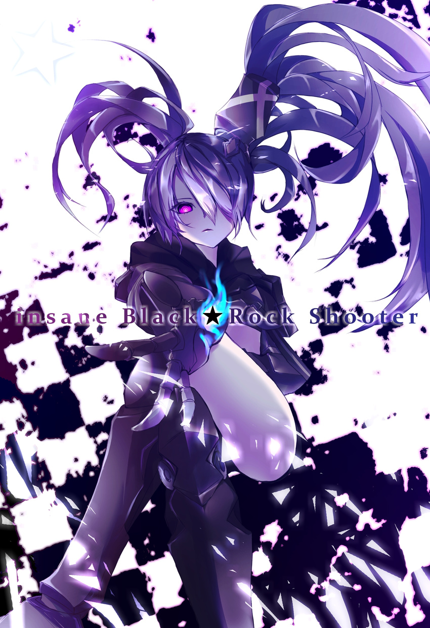 absurdres black_hair black_rock_shooter boots gauntlets greaves hair_over_one_eye highres insane_black_rock_shooter long_hair purple_eyes solo takka_(aegis9294) twintails