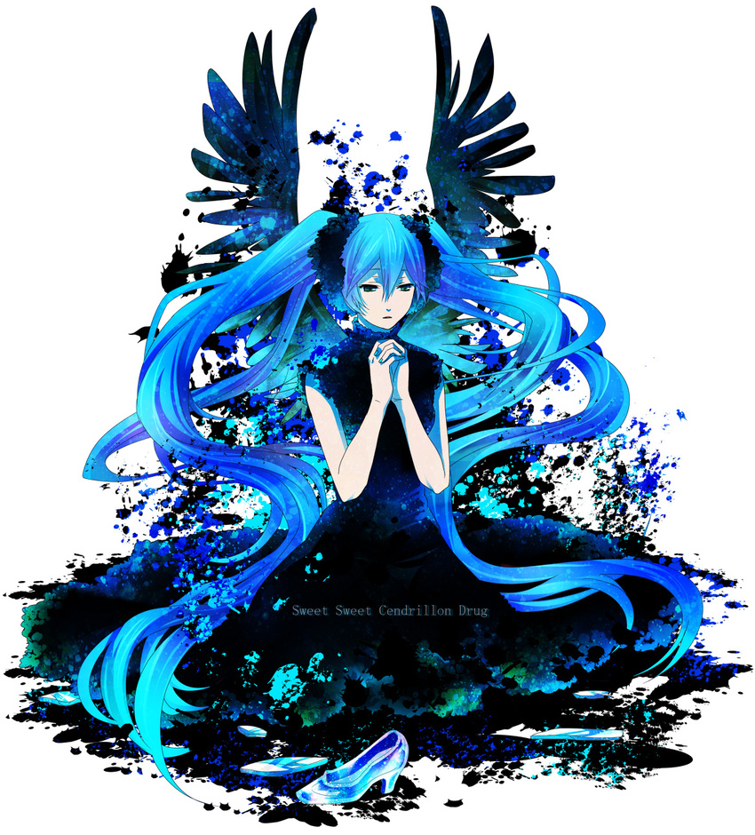 angel_wings aqua_eyes aqua_hair dress hatsune_miku highres long_hair setsu shoes solo twintails very_long_hair vocaloid wings