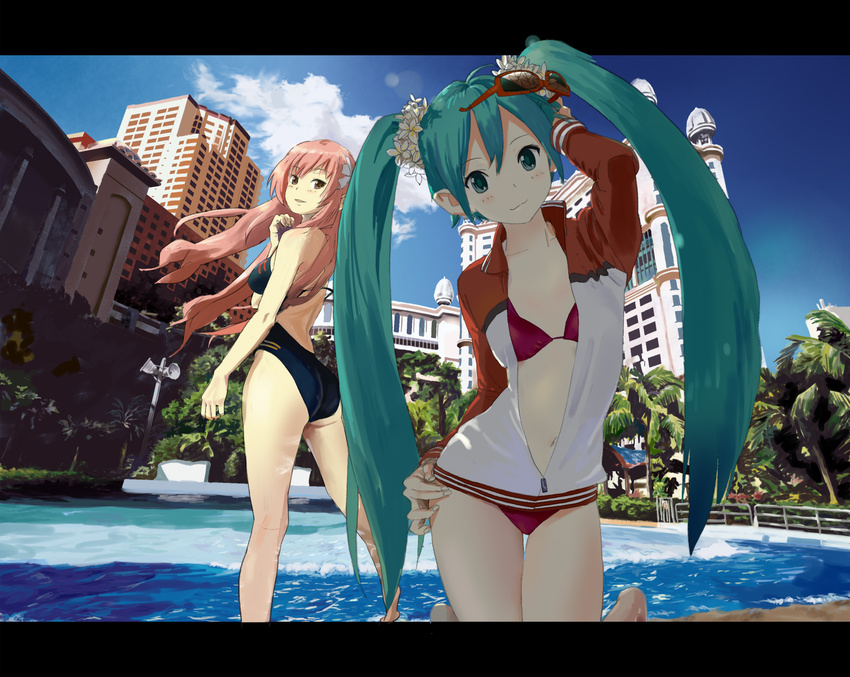 aqua_eyes aqua_hair ass bad_id bad_pixiv_id bikini bikini_under_clothes building flower hair_flower hair_ornament hatsune_miku highres jacket letterboxed long_hair looking_back megurine_luka multiple_girls navel photo_background pink_hair plumeria pool scenery shuku smile sunglasses swimsuit swimsuit_under_clothes twintails unzipped very_long_hair vocaloid