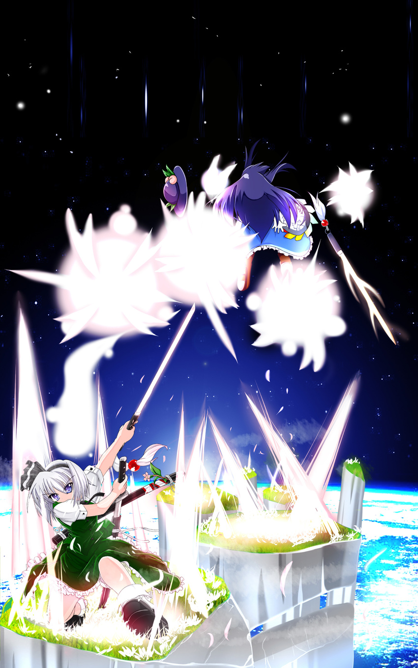 battle blue_eyes blue_hair danmaku duel hairband hat highres hinanawi_tenshi katana konpaku_youmu long_hair mad_(hazukiken) multiple_girls sheath short_hair silver_hair sword sword_of_hisou touhou unsheathing weapon