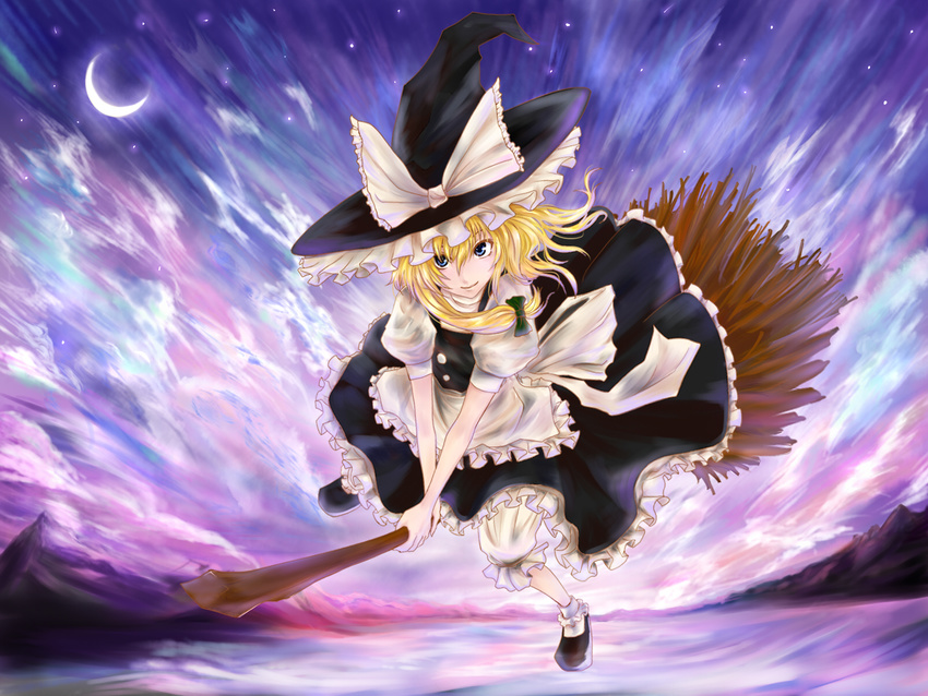 blonde_hair blue_eyes broom broom_riding crescent_moon hat highres kazabana_fuuka kirisame_marisa lips moon short_hair smile solo touhou wallpaper witch_hat