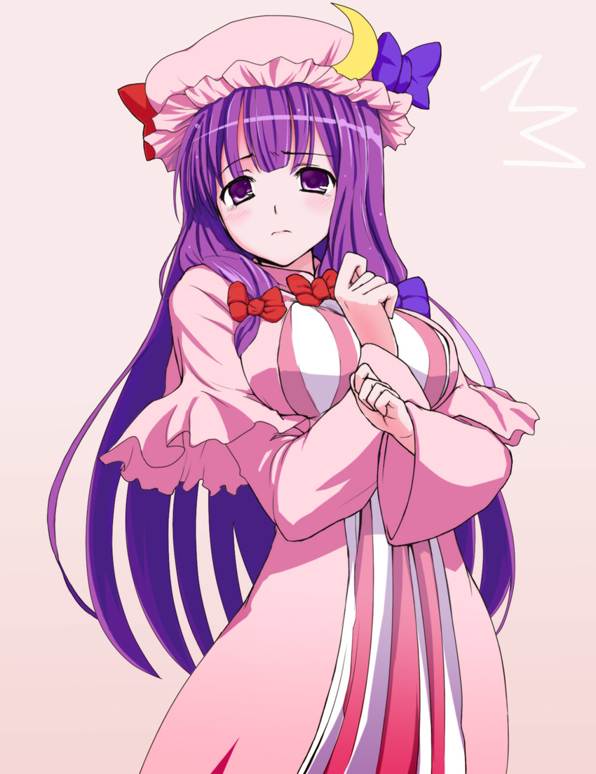 1girl 2sox[black] between_breasts blush bow breasts crescent hair_bow hands hat highres large_breasts long_hair patchouli_knowledge purple_eyes purple_hair ribbon robe simple_background solo tears touhou