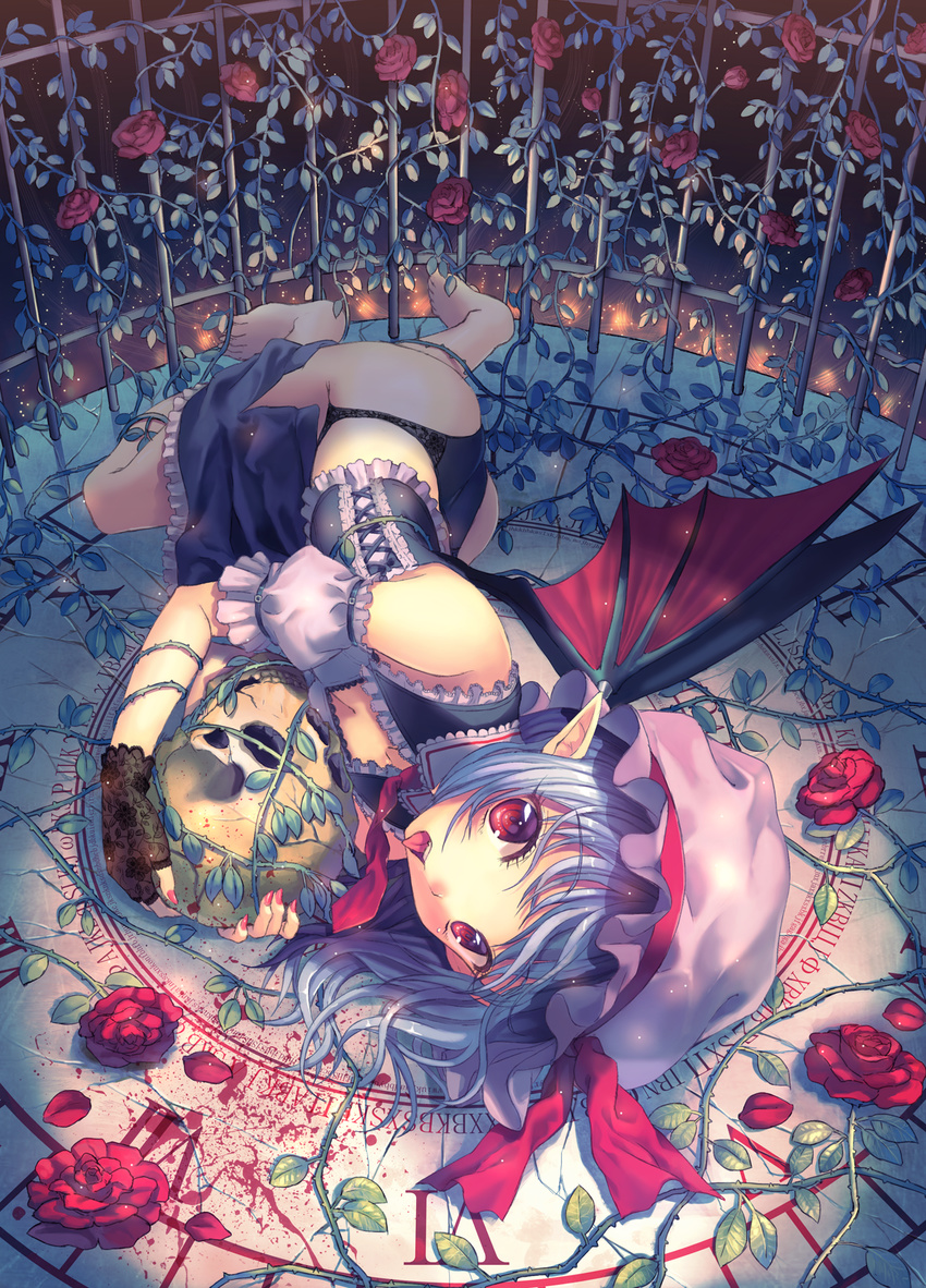 arm_garter bare_shoulders barefoot bat_wings birdcage black_panties blood blue_hair breasts cage cleavage corset detached_sleeves fang fingerless_gloves flower frills gloves hat hat_ribbon highres holding kichiroku lace lace_panties lavender_hair lingerie lying necktie on_side open_mouth panties pointy_ears red_eyes remilia_scarlet ribbon rose short_hair single_glove skull sleeveless slit_pupils small_breasts solo thorns toes tongue touhou underwear vampire wavy_hair wings