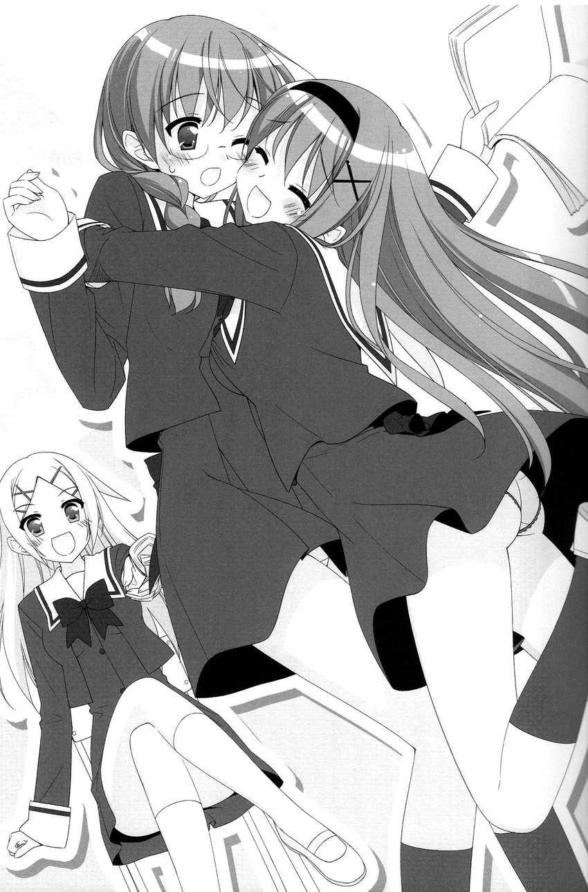 blush braid cousins glasses greyscale highres hug kitajima_kaede kitajima_sara monochrome multiple_girls panties peko scan school_uniform sono_hanabira_ni_kuchizuke_wo st._michael's_school_uniform underwear yuri