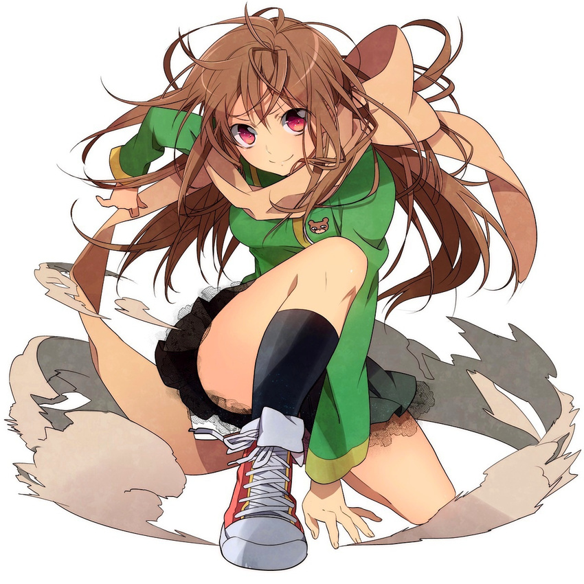 brown_hair dust foreshortening hands highres long_hair murakami_yuichi original petticoat red_eyes revision scarf shoes smile smoke sneakers solo