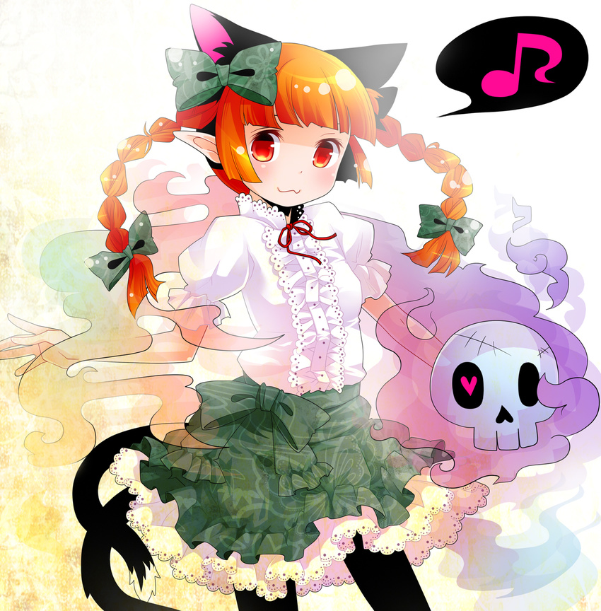 :3 alternate_costume animal_ears bow braid cat_ears cat_tail extra_ears hair_bow heart highres kaenbyou_rin moonyan multiple_tails musical_note pantyhose pointy_ears red_hair skull solo tail touhou twin_braids