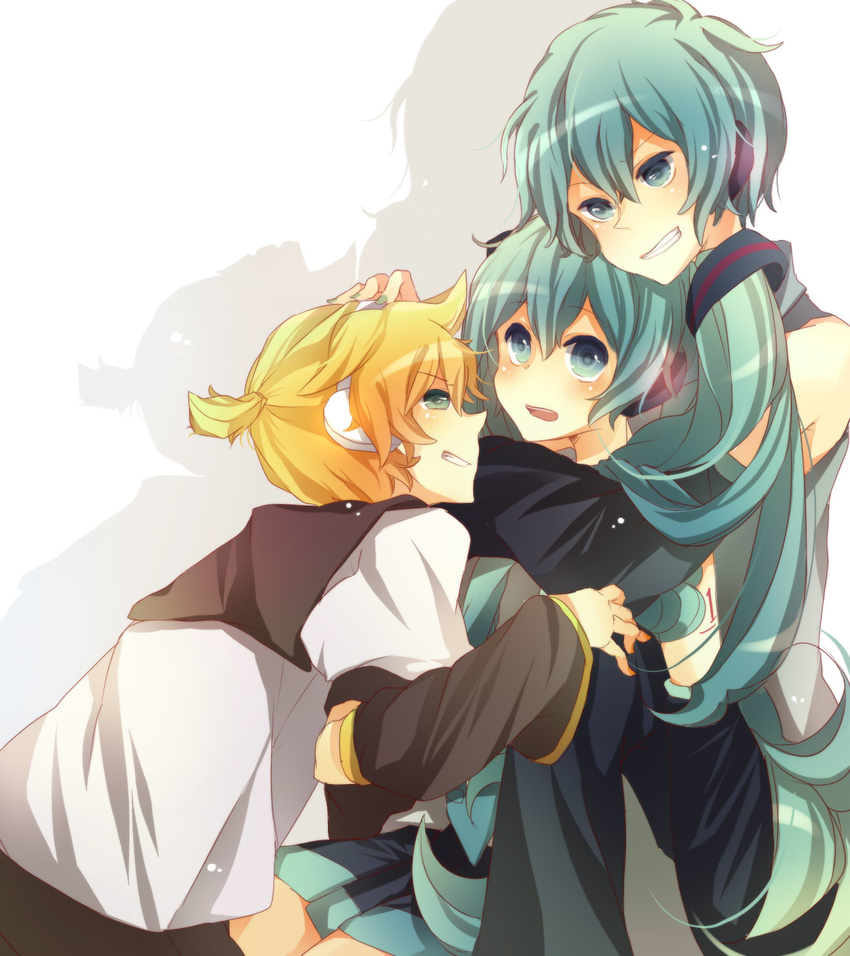 2boys aqua_eyes aqua_hair blonde_hair detached_sleeves genderswap genderswap_(ftm) grin hatsune_miku hatsune_mikuo headphones highres hug kagamine_len long_hair mugi_(twinbox) multiple_boys simple_background skirt smile thighhighs twintails very_long_hair vocaloid