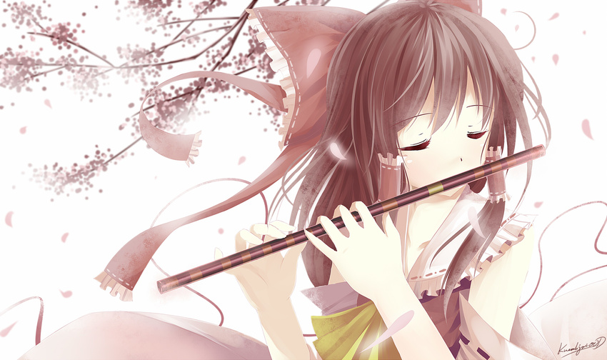 bloom bow brown_hair caidychen closed_eyes detached_sleeves flower flute hair_bow hakurei_reimu highres instrument peaceful petals solo touhou upper_body wind