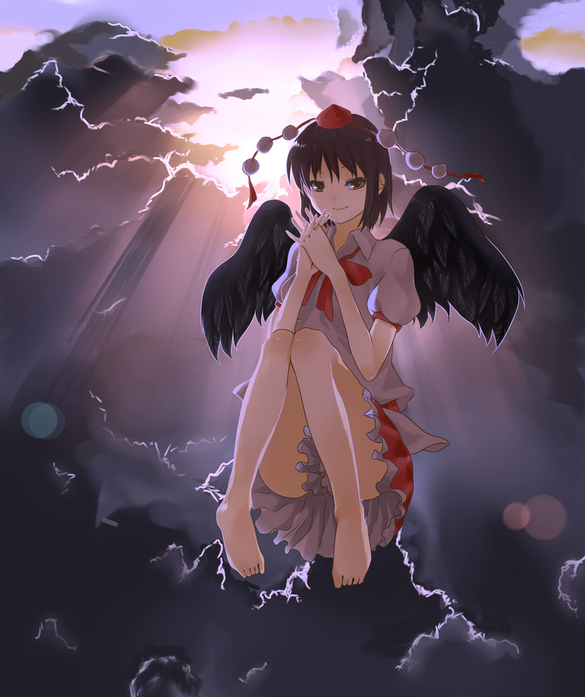 absurdres backlighting bad_id bad_pixiv_id barefoot black_hair cloud feet floating hands hands_clasped hat highres irohara_mitabi looking_at_viewer orange_eyes own_hands_together shameimaru_aya short_hair sky smile smirk solo tokin_hat touhou wings