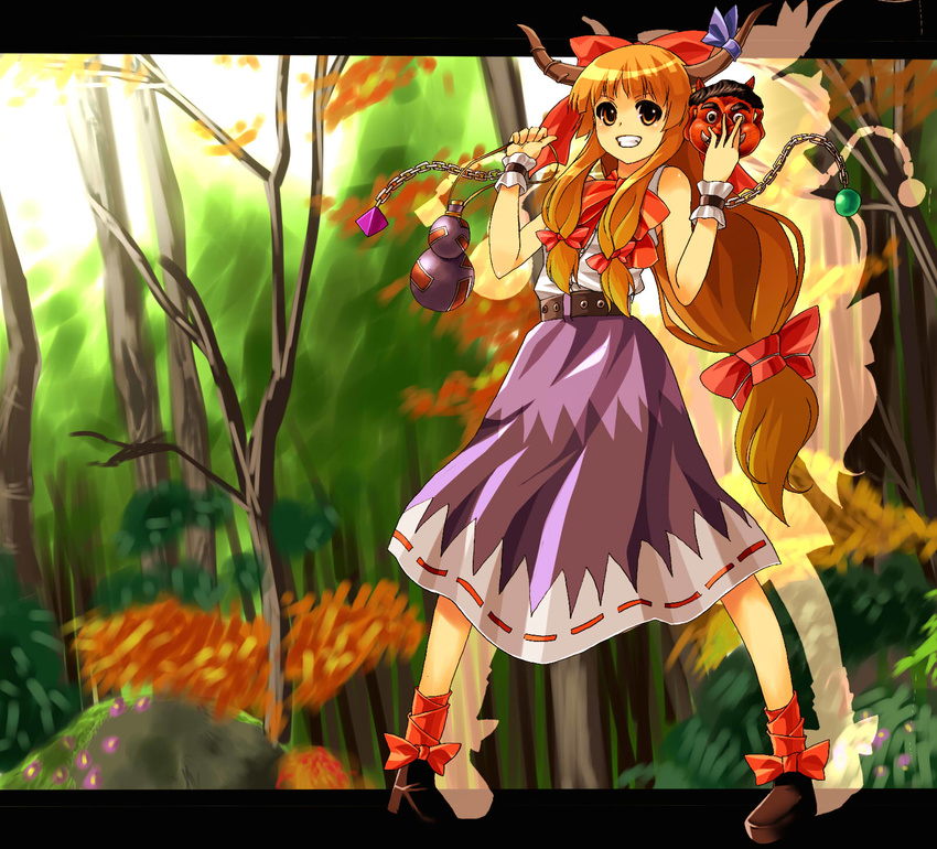 brown_eyes highres horns ibuki_suika irohara_mitabi long_hair mask oni orange_hair red_oni solo touhou