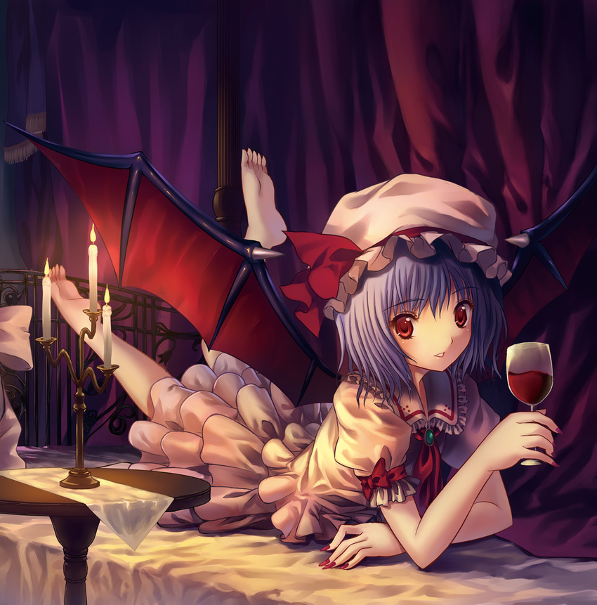 barefoot bat_wings bed blood blue_hair candle cup drinking_glass feet fingernails hat highres kichiroku legs_up long_fingernails lying nail_polish on_stomach red_eyes red_nails remilia_scarlet short_hair solo the_pose touhou vampire wine_glass wings