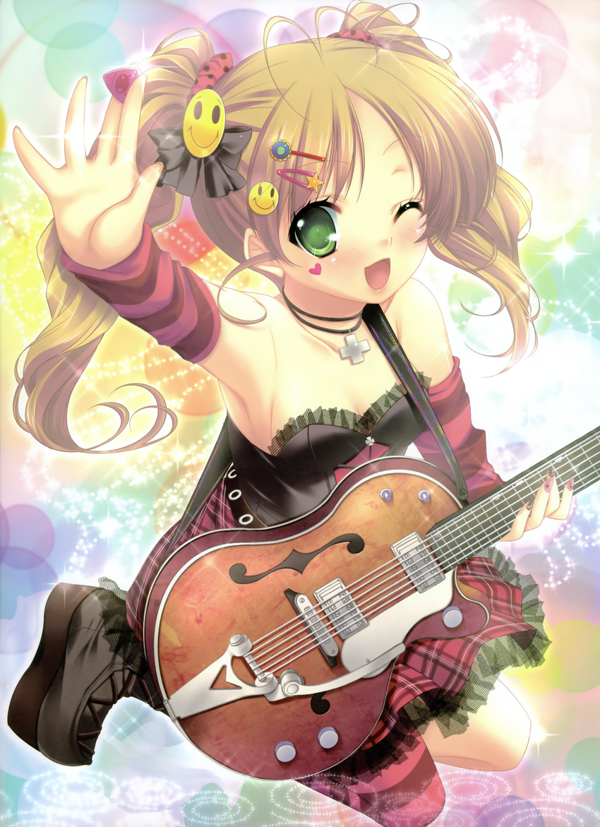 absurdres arm_warmers badge blonde_hair boots button_badge copyright_request cross green_eyes guitar hair_ornament hairclip heart highres instrument mitsumomo_mamu nail_art nail_polish one_eye_closed open_mouth single_thighhigh smiley_face solo striped thighhighs twintails