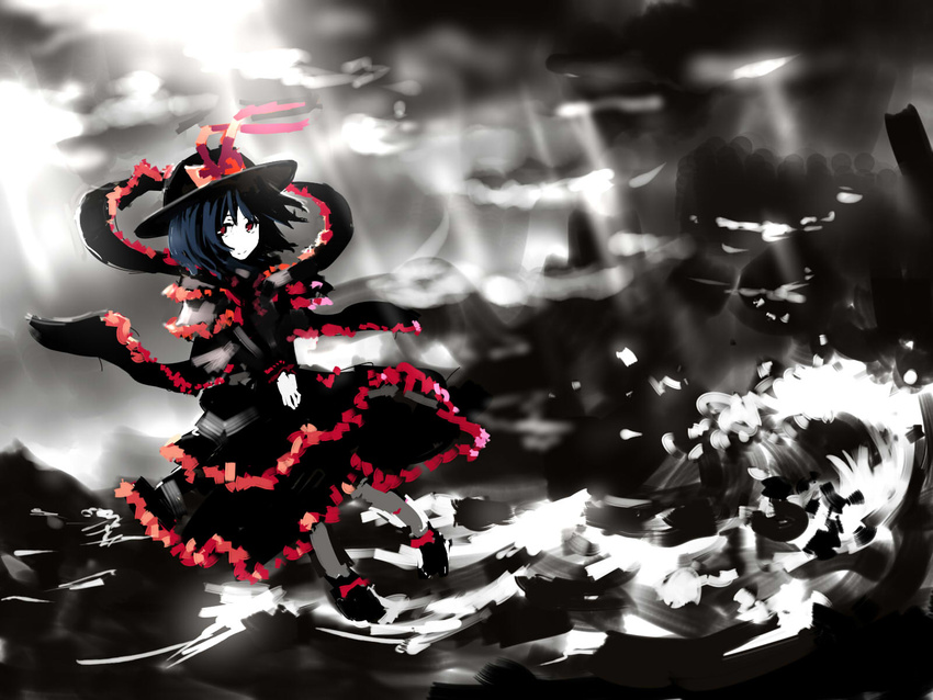 alternate_color bc blue_hair bow frills hat highres nagae_iku red_eyes shawl short_hair solo touhou