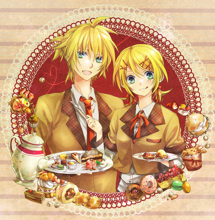 1girl :q aqua_eyes blonde_hair bow brother_and_sister cake cream cream_puff doughnut food fork hair_bow hair_ornament hairclip highres kagamine_len kagamine_rin low_twintails macaron mont_blanc_(food) muffin necktie pastry plaid plate red_neckwear school_uniform short_hair short_ponytail short_twintails siblings smile teapot teito tongue tongue_out tray twins twintails vocaloid