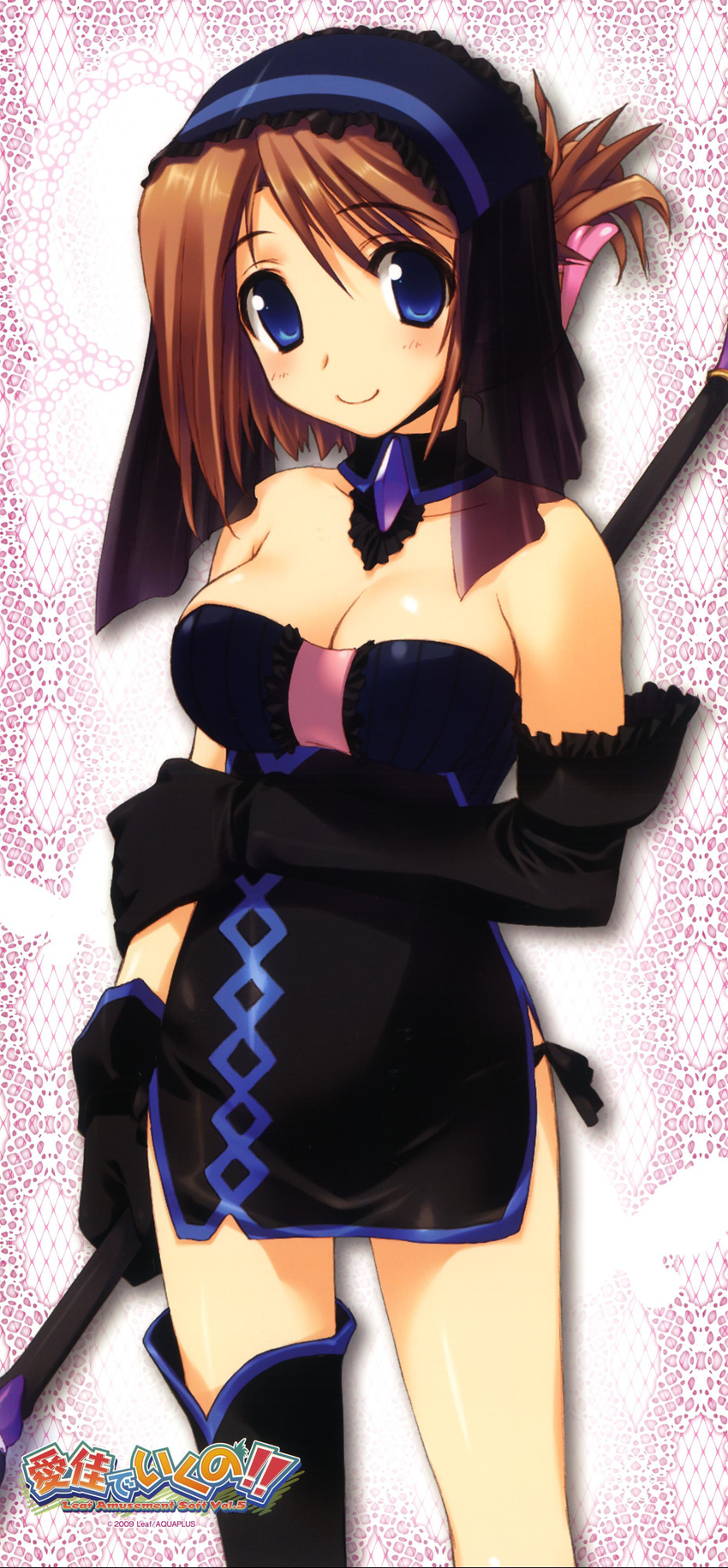 absurdres amazuyu_tatsuki asymmetrical_clothes bare_shoulders blue_eyes breasts brown_hair cleavage folded_ponytail gloves highres komaki_manaka manaka_de_ikuno!! medium_breasts single_thighhigh smile solo staff thighhighs to_heart_2