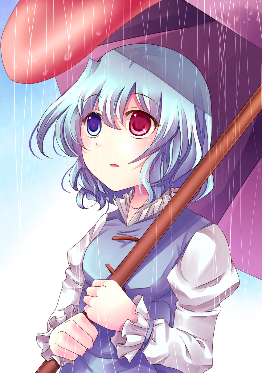 bad_id bad_pixiv_id blue_eyes blue_hair heterochromia highres karakasa_obake mei_(jewel_at_time) purple_umbrella rain red_eyes short_hair solo tatara_kogasa tongue touhou umbrella