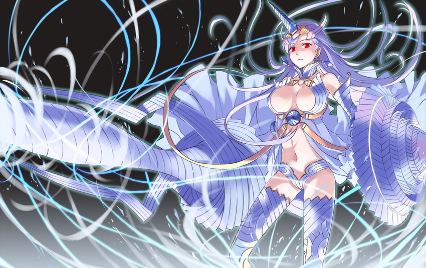 breasts cleavage holding holding_weapon horn lance large_breasts long_hair looking_at_viewer navel polearm red_eyes riela_marcellis senjou_no_valkyria senjou_no_valkyria_3 shield silver_hair solo thighhighs traze weapon white_legwear