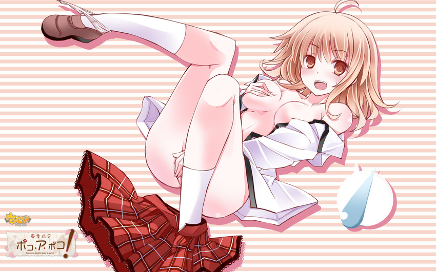 :d alcot_(company) bare_shoulders breasts brown_eyes brown_hair highres loafers looking_at_viewer lying masturbation medium_breasts on_back open_clothes open_mouth open_shirt panties panties_around_one_leg school_uniform self_fondle shirt shoes shunki_gentei_poco_a_poco! skirt skirt_removed smile socks solo spoken_sweatdrop sweatdrop tatara_mana underwear white_panties