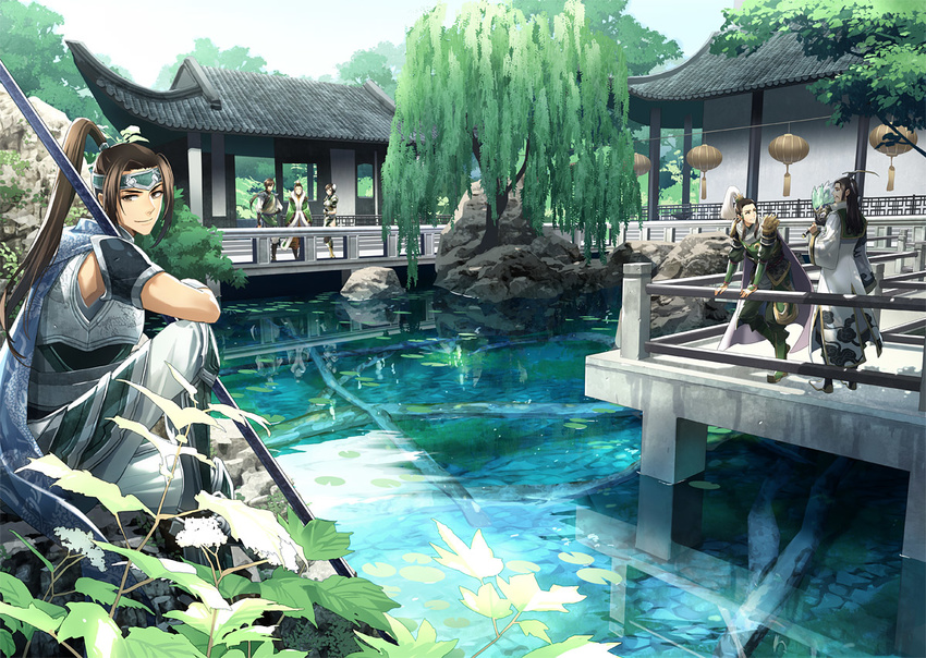 5boys architecture armor armored_boots bad_id bad_pixiv_id black_hair boots brown_hair building cape chinese_clothes east_asian_architecture fan feather_fan forehead_protector fur_trim headband high_ponytail holding holding_fan jiang_wei knee_up lantern leaning_forward liu_bei liu_shan long_hair long_sleeves looking_at_viewer multiple_boys outdoors paper_lantern pauldrons plant polearm pond ponytail railing reflection rock scenery shin_sangoku_musou sitting smile standing toichi_(ik07) tree tree_shade water weapon willow xing_cai zhao_yun zhuge_liang