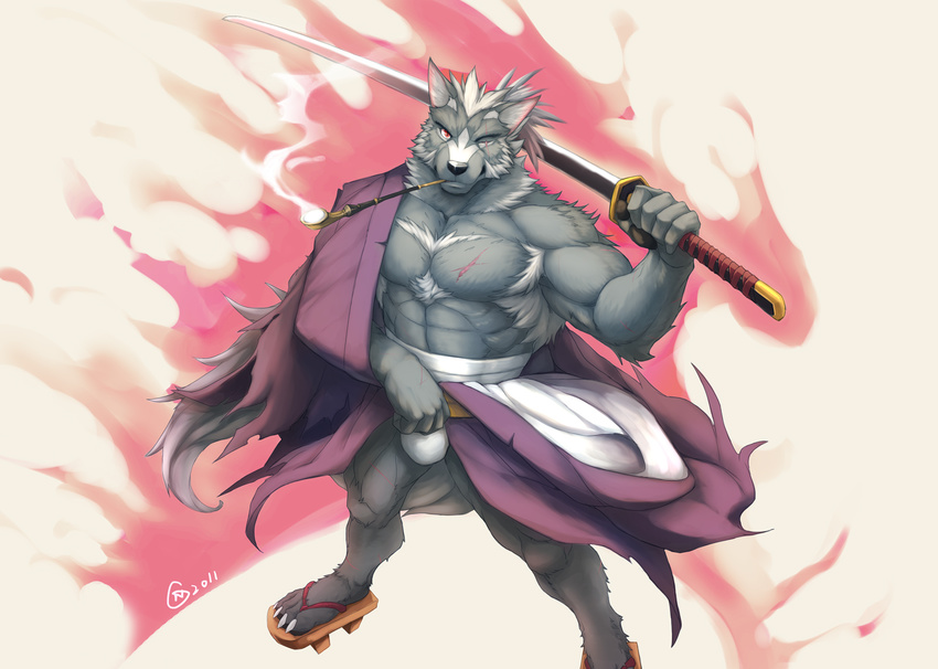 biceps big_muscles bulge canine dog fundoshi fur japanese japanese_clothing katana kimono male mammal muscles null-ghost one_eye_closed pipe red_eyes scar smoking solo sword underwear warrior warrior_pose weapon wink wooden_shoes