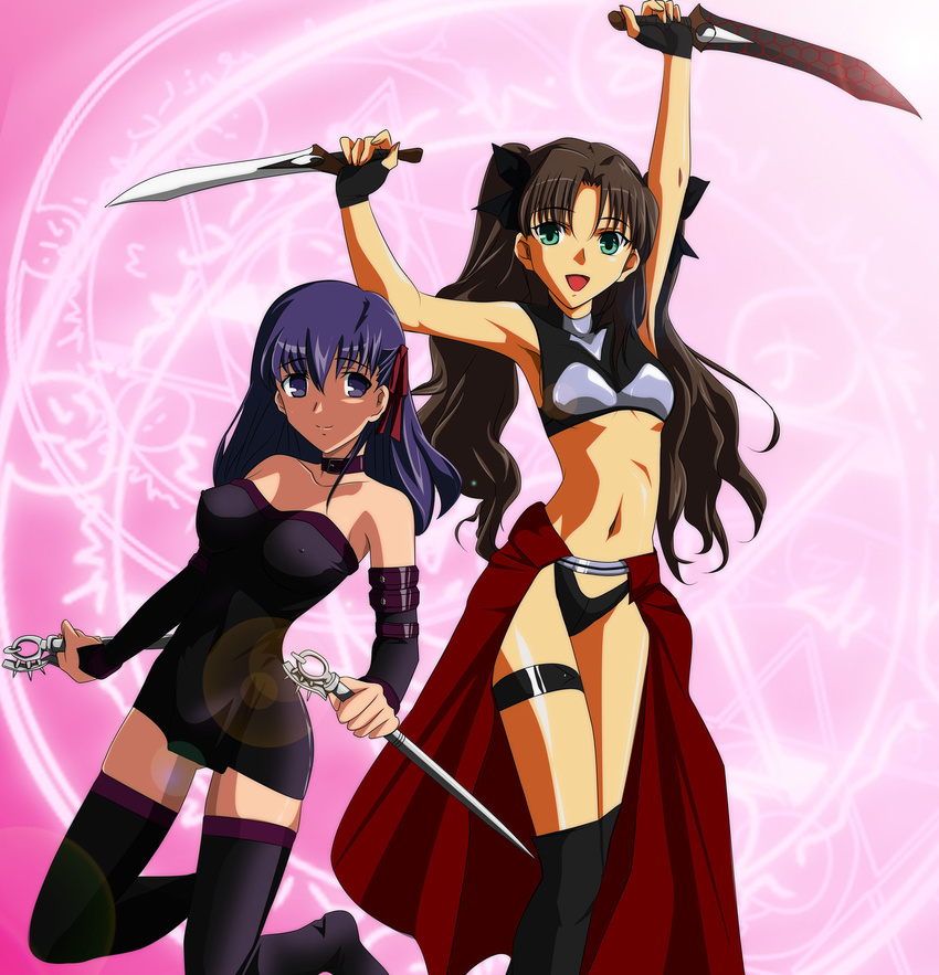 archer archer_(cosplay) bra brown_hair cosplay dress dual_wielding fate/stay_night fate_(series) gentoku green_eyes hair_ribbon highres holding kanshou_&amp;_bakuya lingerie long_hair long_legs matou_sakura midriff multiple_girls nail open_mouth purple_eyes purple_hair reverse_grip ribbon rider rider_(cosplay) siblings sisters smile strapless strapless_dress thighhighs toosaka_rin twintails underwear zettai_ryouiki