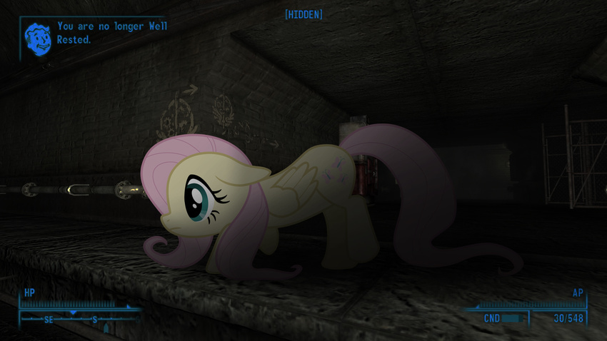 darkness equine fallout fallout_3 female fluttershy_(mlp) friendship_is_magic horse metro my_little_pony sneaking underground