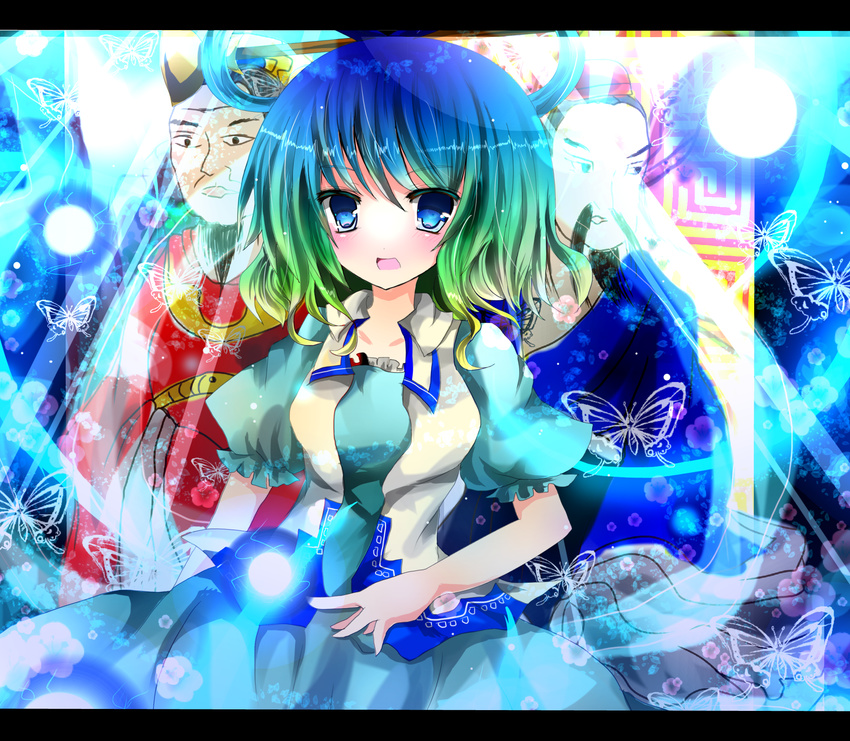 azumamutuki bad_id bad_pixiv_id blue_eyes bug butterfly danmaku dress gradient_hair hair_ornament hair_rings hair_stick highres insect kaku_seiga letterboxed multicolored_hair shawl solo touhou vest