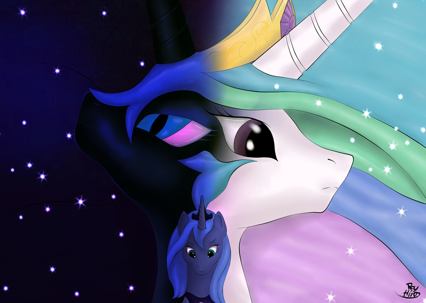 alicorn blue_hair crown equine female feral friendship_is_magic hair horn horse long_hair looking_at_viewer mammal moon multi-colored_hair my_little_pony nightmare_moon_(mlp) pegacorn pony princess princess_celestia_(mlp) princess_luna_(mlp) rayhiros royalty simple_background tiara winged_unicorn wings