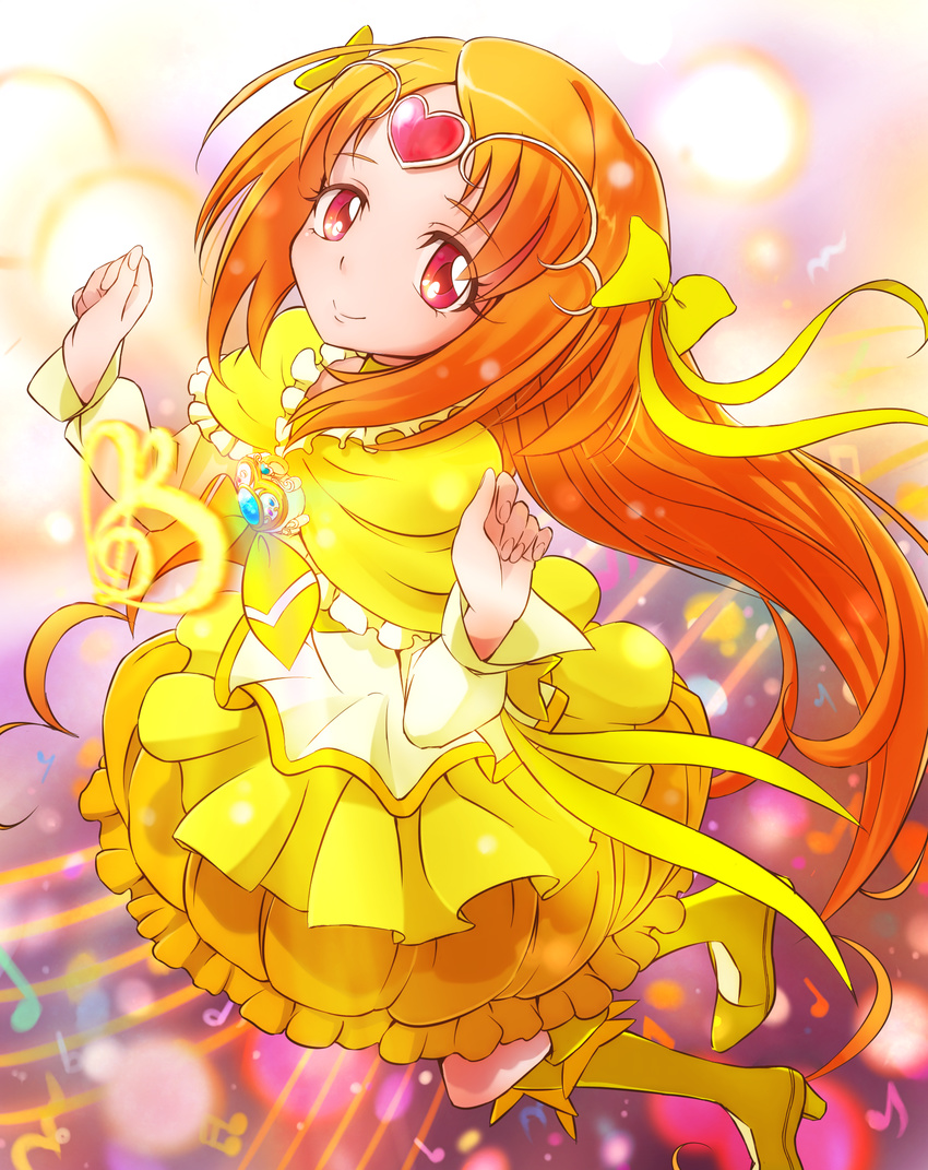 bad_id bad_pixiv_id bass_clef beamed_sixteenth_notes boots bow brooch bubble_skirt circlet cure_muse_(yellow) eighth_note eighth_rest eyelashes flat_sign frills full_body g-clef_(suite_precure) hair_ribbon heart highres jewelry knee_boots long_hair magical_girl musical_note orange_hair precure quarter_note quarter_rest red_eyes ribbon ryuuama shirabe_ako skirt smile solo suite_precure yellow_bow yellow_skirt