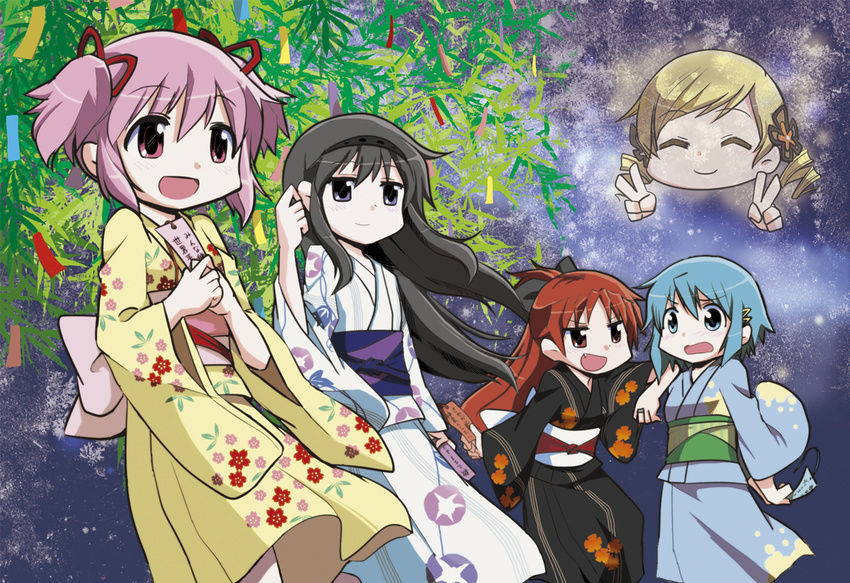 akemi_homura arm_on_shoulder black_dress black_hair blonde_hair blue_dress blue_eyes blue_hair bow closed_eyes dental dress drill_hair fang floral_print hair_bow hair_ornament hairband hairpin hand_in_hair hat japanese_clothes kaname_madoka kimono long_hair long_sleeves mahou_shoujo_madoka_magica miki_sayaka multiple_girls open_mouth pink_eyes pink_hair projected_inset purple_eyes red_eyes red_hair sakura_kyouko sash smile spoilers tanabata tomoe_mami translation_request twin_drills twintails wavy_mouth yellow_dress yellow_kimono