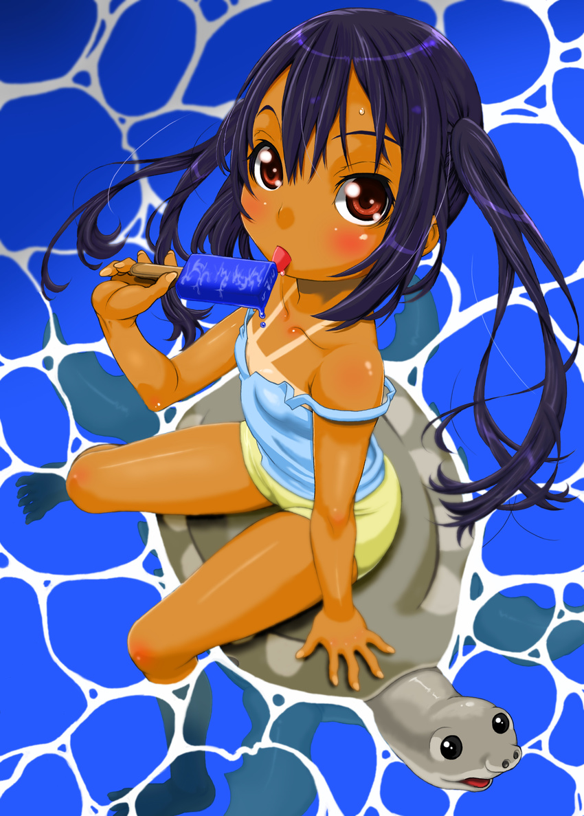 absurdres black_hair blush collarbone downblouse flat_chest food highres k-on! kiyoshi_(miller) long_hair nakano_azusa one-piece_tan popsicle shorts solo strap_slip tan tank_top tanline ton-chan tongue turtle twintails