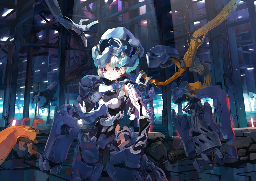 armor bare_shoulders bodysuit cyborg mecha_musume mechanical_arm pump_(pumpqmuq) red_eyes rockman science_fiction solo white_hair