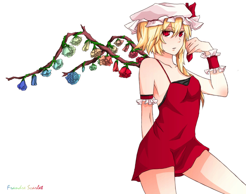arm_behind_back armband bare_shoulders blonde_hair blue_flower blue_rose character_name collarbone dress flandre_scarlet flat_chest flower hat hat_ribbon hyou_haku older red_eyes red_flower red_rose red_skirt ribbon rose short_dress short_hair simple_background skirt solo spaghetti_strap thorns touhou wings wrist_cuffs